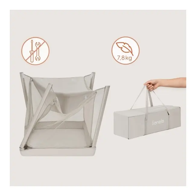Patut multifunctional, Lionelo, Mila, 2 in 1, Saltea 4 cm cu spuma T25, 2 niveluri de inaltime, Pliere rapida, Intrare laterala, Geanta de transport inclusa, 0-36 luni, Pana la 15 kg, Bej BYNLO-MILA_BEIGE_CREAM