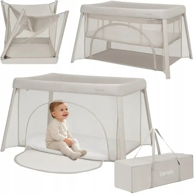 Patut multifunctional, Lionelo, Mila, 2 in 1, Saltea 4 cm cu spuma T25, 2 niveluri de inaltime, Pliere rapida, Intrare laterala, Geanta de transport inclusa, 0-36 luni, Pana la 15 kg, Bej BYNLO-MILA_BEIGE_CREAM
