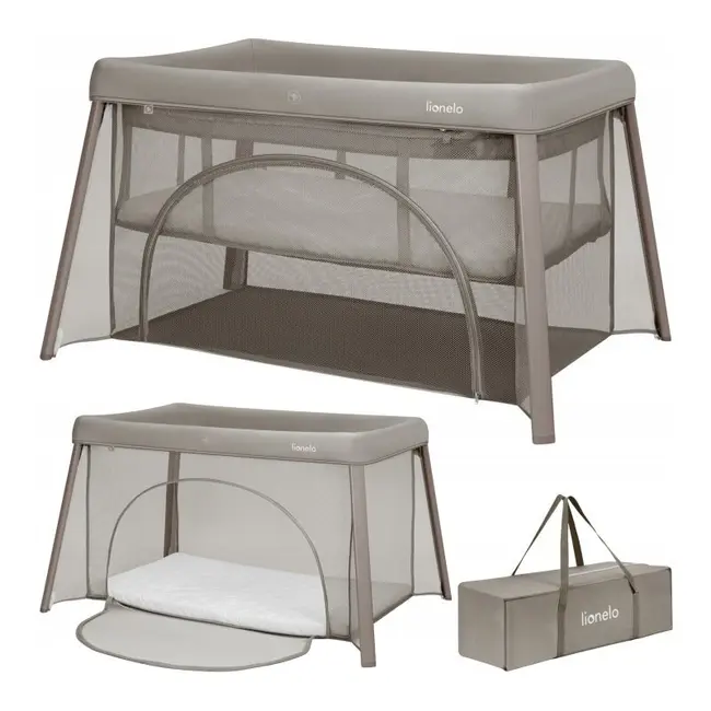 Patut multifunctional, Lionelo, Mila, 2 in 1, Saltea 4 cm cu spuma T25, 2 niveluri de inaltime, Pliere rapida, Intrare laterala, Geanta de transport inclusa, 0-36 luni, Pana la 15 kg, Bej Taupe BYNLO-MILA_BEIGE_TAUPE
