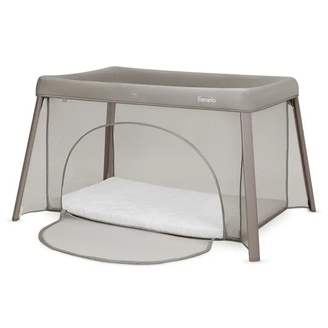 Patut multifunctional, Lionelo, Mila, 2 in 1, Saltea 4 cm cu spuma T25, 2 niveluri de inaltime, Pliere rapida, Intrare laterala, Geanta de transport inclusa, 0-36 luni, Pana la 15 kg, Bej Taupe BYNLO-MILA_BEIGE_TAUPE