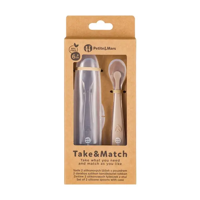 Set 2 lingurite, Petite&Mars, Take&Match, Includ cutie pentru depozitare, Adecvate pentru masina de spalat vase, Fara BPA, 6 luni+, Maro BYN728127