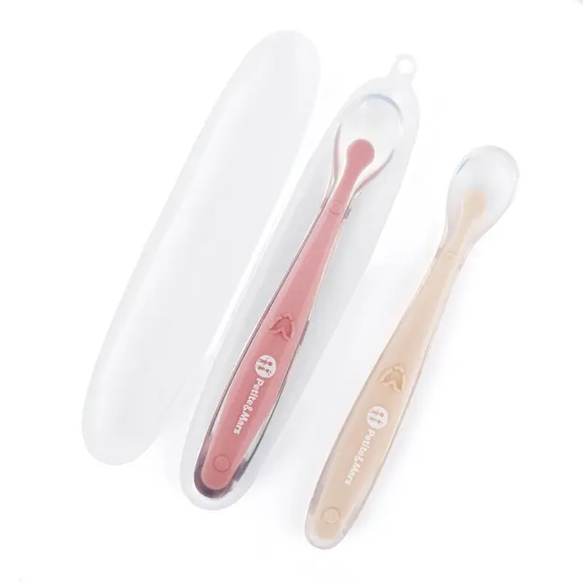 Set 2 lingurite, Petite&Mars, Take&Match, Includ cutie pentru depozitare, Adecvate pentru masina de spalat vase, Fara BPA, 6 luni+, Roz/ Bej BYN728126