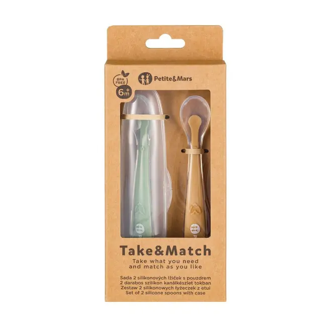 Set 2 lingurite, Petite&Mars, Take&Match, Includ cutie pentru depozitare, Adecvate pentru masina de spalat vase, Fara BPA, 6 luni+, Verde/ Galben BYN728125