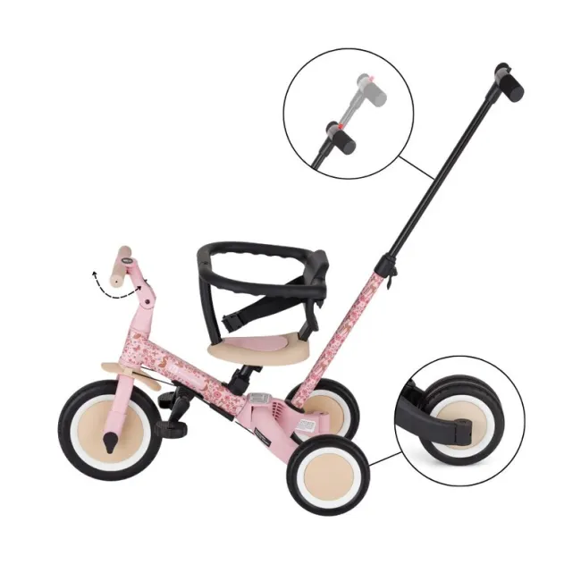 Tricicleta, Petite&Mars, Turbo, Editie limitata, 5 in 1, Multifunctionala, Vehicul de impins, Bicicleta cu/fara pedale, Cu maner de ghidaj, Detasabil, Roti din cauciuc, Pana la 25 kg, 1.5-5 ani, Rosy Wilderness BYN613359