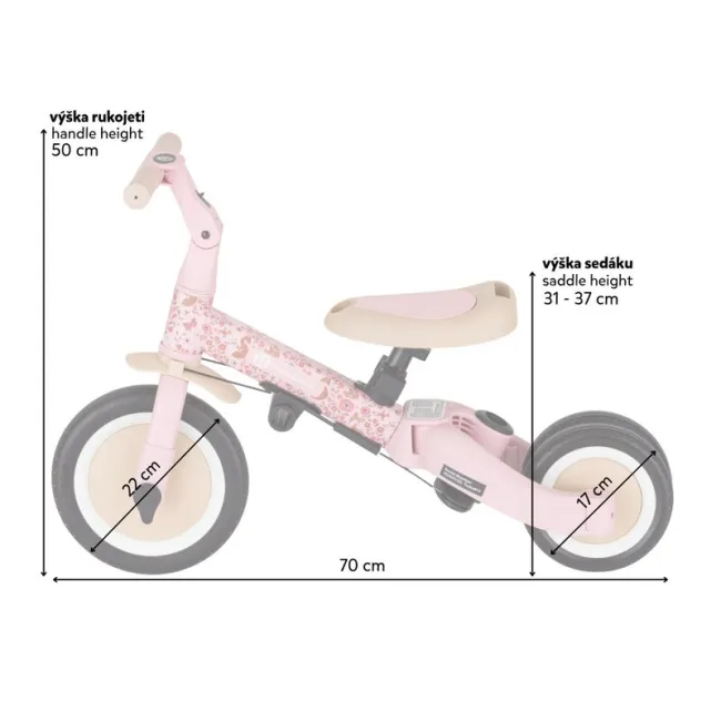Tricicleta, Petite&Mars, Turbo, Editie limitata, 5 in 1, Multifunctionala, Vehicul de impins, Bicicleta cu/fara pedale, Cu maner de ghidaj, Detasabil, Roti din cauciuc, Pana la 25 kg, 1.5-5 ani, Rosy Wilderness BYN613359