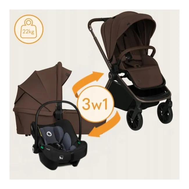 Carucior 3 in 1, Lionelo, Mika Plus, Cadru din aluminiu, Cu landou intarit si salteluta moale, Cu scoica auto testata ADAC, Reversibil, Cu sistem de ventilatie 3D, Cu accesorii, Pana la 22 kg, EN1888-1 EN1888-2 EN1466 ECE R129, Mocha Mousse BYNLO-MIKA_PLU
