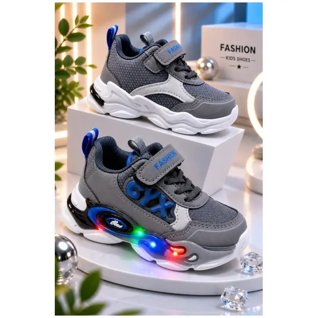Adidasi cu lumini led, model cyx, baieti, piele ecologica, gri adt-57-1