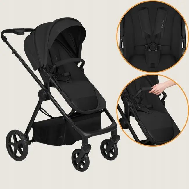 Carucior 3 in 1, Lionelo, Greet, Pana la 15 kg, Cadru aluminiu, Cu landou si salteluta moale, Cu scoica auto, Reversibil, Cu accesorii, Maner, suport pentru picioare, spatar reglabile, Negru BYNLO-GREET_BLACK_ONYX