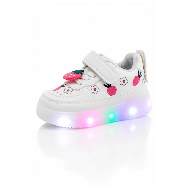 Pantofi sport cu lumini led, model capsunele, piele ecologica, fete, alb adt-19-1