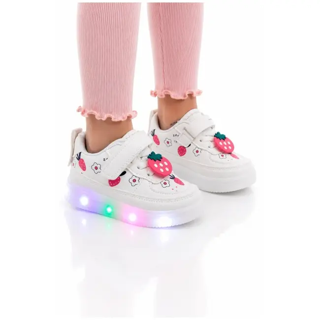 Pantofi sport cu lumini led, model capsunele, piele ecologica, fete, alb adt-19-1