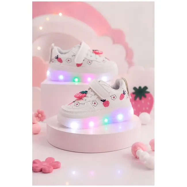 Pantofi sport cu lumini led, model capsunele, piele ecologica, fete, alb adt-19-1