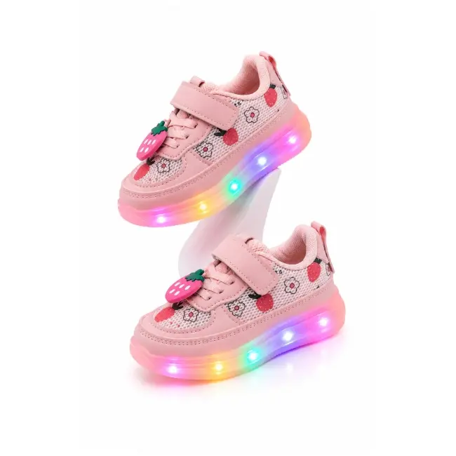 Pantofi sport cu lumini led, model cu capsuni, fete, piele ecologica si textil, roz adt-19-1