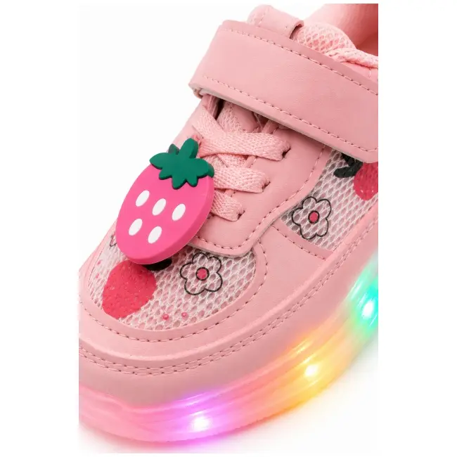 Pantofi sport cu lumini led, model cu capsuni, fete, piele ecologica si textil, roz adt-19-1