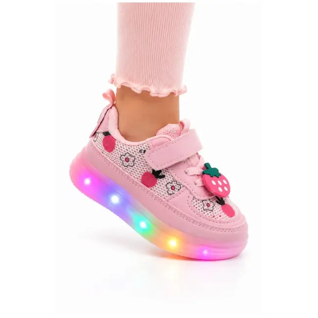 Pantofi sport cu lumini led, model cu capsuni, fete, piele ecologica si textil, roz adt-19-1