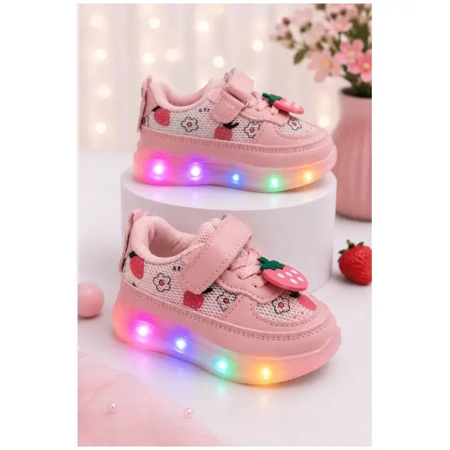 Pantofi sport cu lumini led, model cu capsuni, fete, piele ecologica si textil, roz adt-19-1