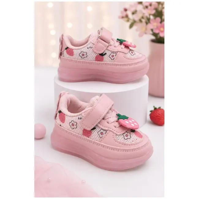 Pantofi sport cu lumini led, model cu capsuni, fete, piele ecologica si textil, roz adt-19-1