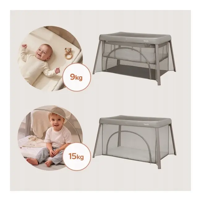 Patut multifunctional, Lionelo, Mila, 2 in 1, Saltea 4 cm cu spuma T25, 2 niveluri de inaltime, Pliere rapida, Intrare laterala, Geanta de transport inclusa, 0-36 luni, Pana la 15 kg, Bej Taupe BYNLO-MILA_BEIGE_TAUPE