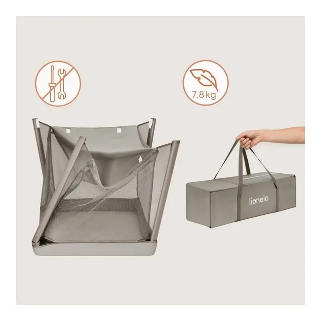 Patut multifunctional, Lionelo, Mila, 2 in 1, Saltea 4 cm cu spuma T25, 2 niveluri de inaltime, Pliere rapida, Intrare laterala, Geanta de transport inclusa, 0-36 luni, Pana la 15 kg, Bej Taupe BYNLO-MILA_BEIGE_TAUPE