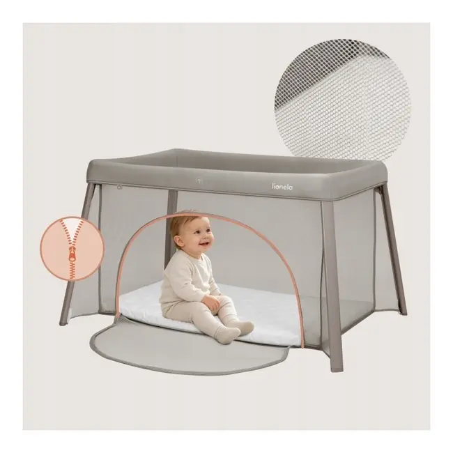 Patut multifunctional, Lionelo, Mila, 2 in 1, Saltea 4 cm cu spuma T25, 2 niveluri de inaltime, Pliere rapida, Intrare laterala, Geanta de transport inclusa, 0-36 luni, Pana la 15 kg, Bej Taupe BYNLO-MILA_BEIGE_TAUPE