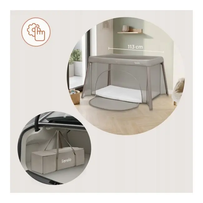Patut multifunctional, Lionelo, Mila, 2 in 1, Saltea 4 cm cu spuma T25, 2 niveluri de inaltime, Pliere rapida, Intrare laterala, Geanta de transport inclusa, 0-36 luni, Pana la 15 kg, Bej Taupe BYNLO-MILA_BEIGE_TAUPE