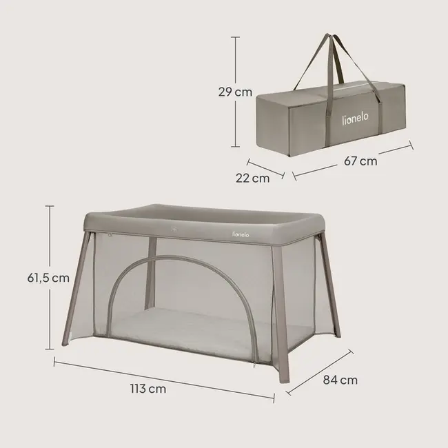 Patut multifunctional, Lionelo, Mila, 2 in 1, Saltea 4 cm cu spuma T25, 2 niveluri de inaltime, Pliere rapida, Intrare laterala, Geanta de transport inclusa, 0-36 luni, Pana la 15 kg, Bej Taupe BYNLO-MILA_BEIGE_TAUPE