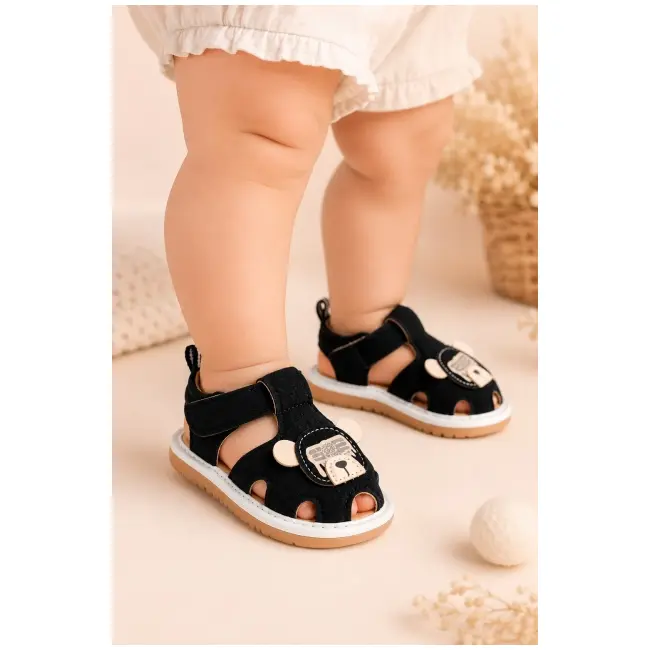 Sandale cu piuitoare, talpa moale, flexibila, model happy bear, baieti, negru snd5-11-1