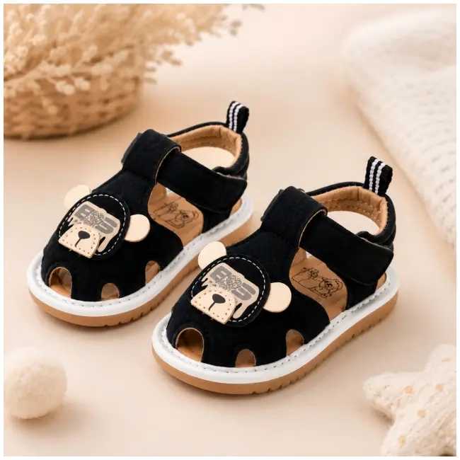 Sandale cu piuitoare, talpa moale, flexibila, model happy bear, baieti, negru snd5-11-1