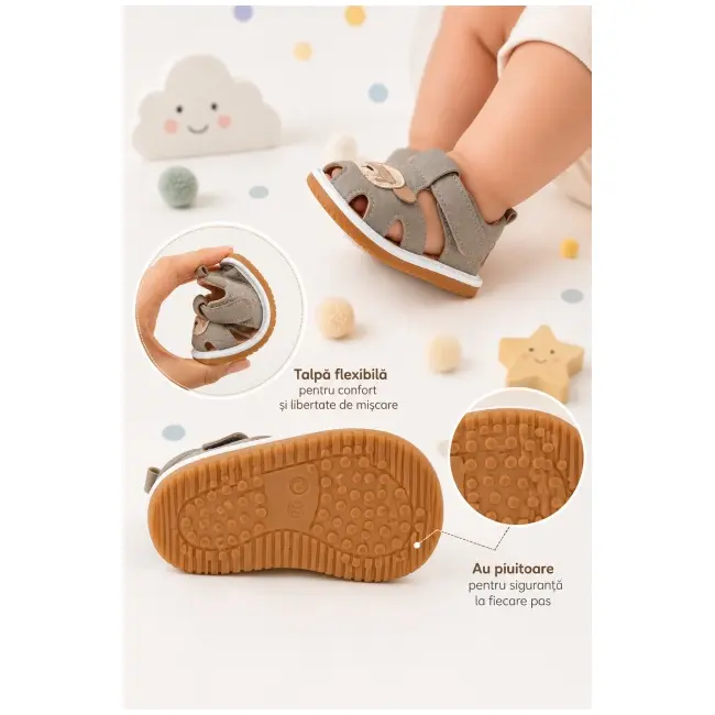 Sandale cu talpa usoara, flexibila, cu piuitoare, model cu urs, baieti, gri snd5-10-1