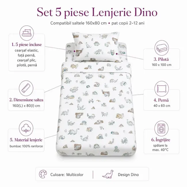 Set 5 piese Lenjerie Dino saltele 160x80 compatibile cu pat 2-12 ani + Pilota + Perna - ASC6427968021160