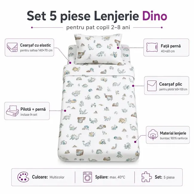 Set 5 piese Lenjerie Dino saltele 140x70 compatibile cu pat 2-8 ani + Pilota + Perna - ASC6427968021177