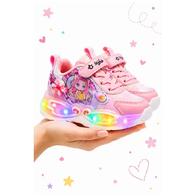 Pantofi sport cu lumini led, model papusica cu invartitoare, piele ecologica, fete, roz ad2026-1-1