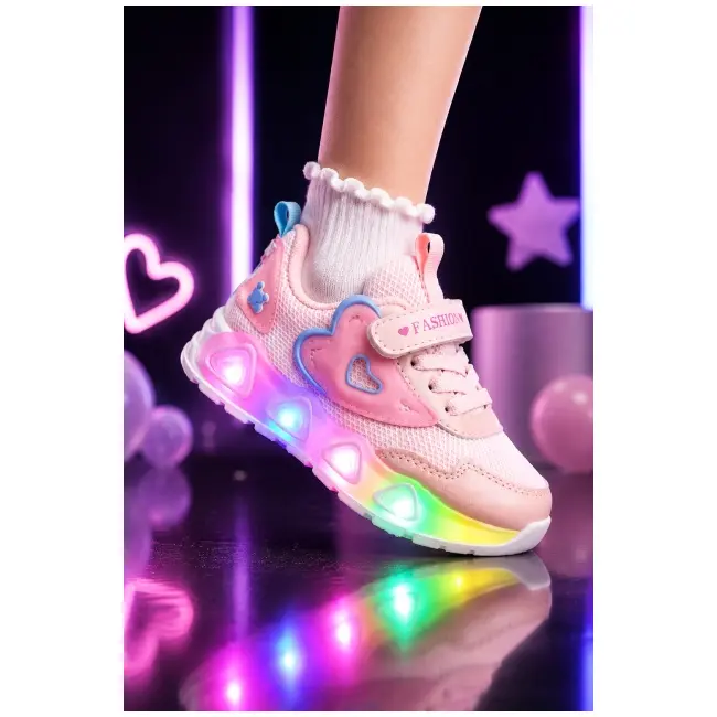 Pantofi sport cu lumini led, model pink hear, textil, fete, roz adtui11-roz-1