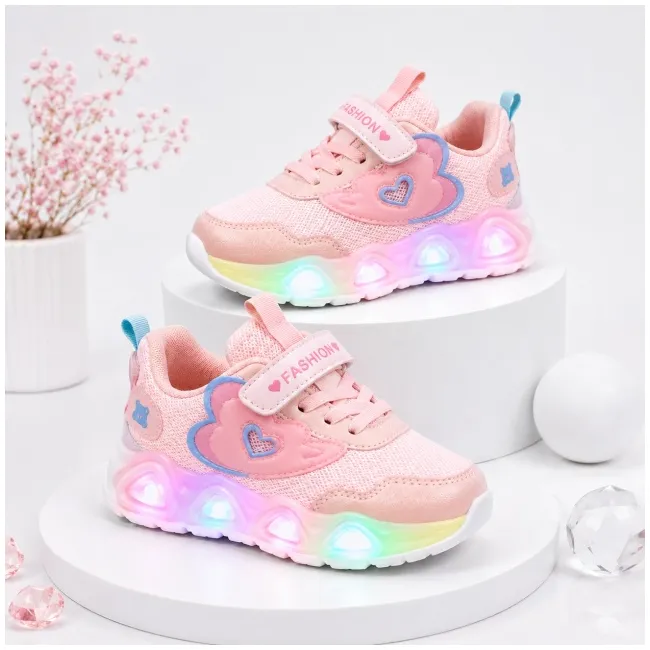 Pantofi sport cu lumini led, model pink hear, textil, fete, roz adtui11-roz-1