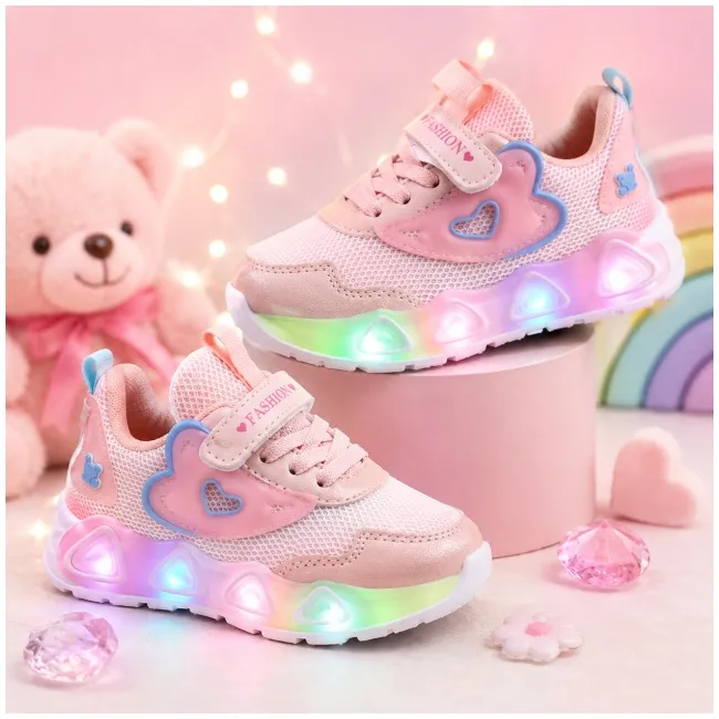 Pantofi sport cu lumini led, model pink hear, textil, fete, roz adtui11-roz-1