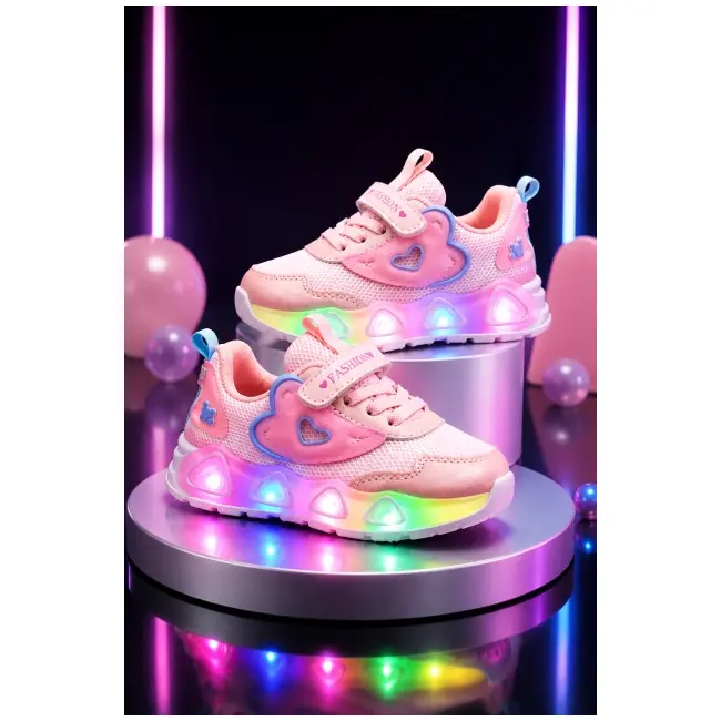 Pantofi sport cu lumini led, model pink hear, textil, fete, roz adtui11-roz-1