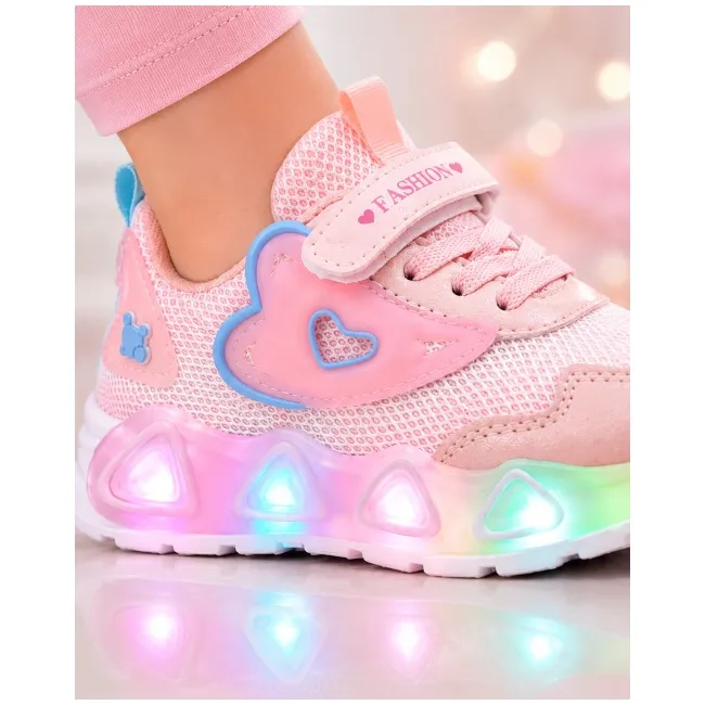 Pantofi sport cu lumini led, model pink hear, textil, fete, roz adtui11-roz-1