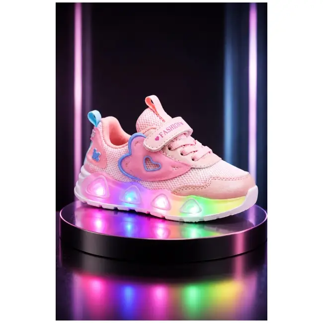 Pantofi sport cu lumini led, model pink hear, textil, fete, roz adtui11-roz-1