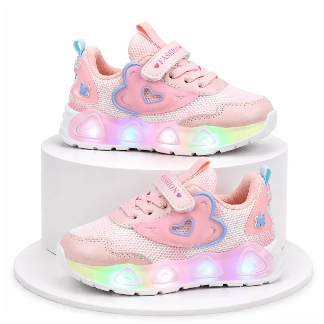 Pantofi sport cu lumini led, model pink hear, textil, fete, roz adtui11-roz-1