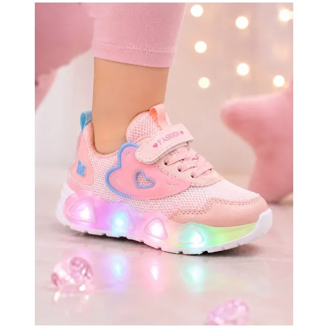 Pantofi sport cu lumini led, model pink hear, textil, fete, roz adtui11-roz-1