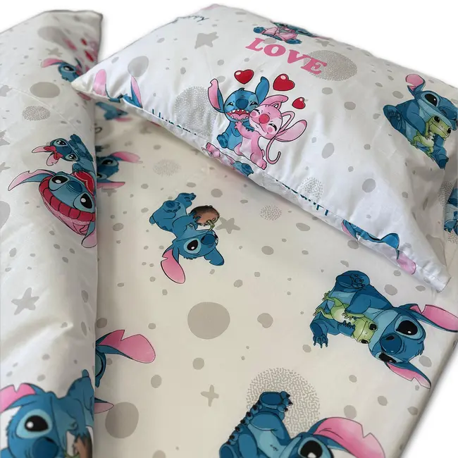 Lenjerie bumbac ranforce pat 3 piese copii 2-12 ani Angel si Stitch pentru saltele 180x90 cm - ASC6427968021139