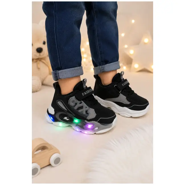 Adidasi cu lumini led, model cyx, baieti, piele ecologica, negru adt-58-1