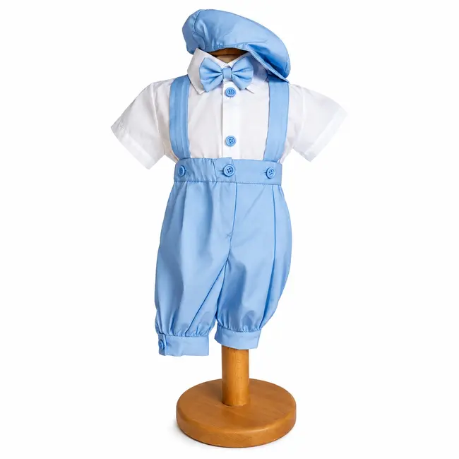 Costum botez baiat bleu cu pantaloni trei sferturi, bretele, papion si basca eleganta Denikos&reg; H043
