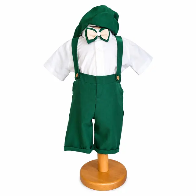 Costum botez baiat verde cu pantaloni trei sferturi cu bretele, camasa tip body, papion si bascuta eleganta, Denikos&reg; H045