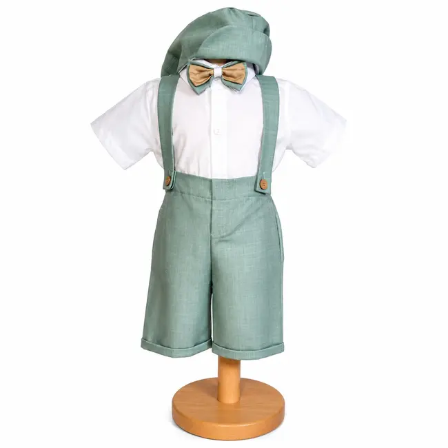 Costum botez baiat vernil cu pantaloni trei sferturi cu bretele, camasa tip body, papion si bascuta eleganta, Denikos&reg; H047