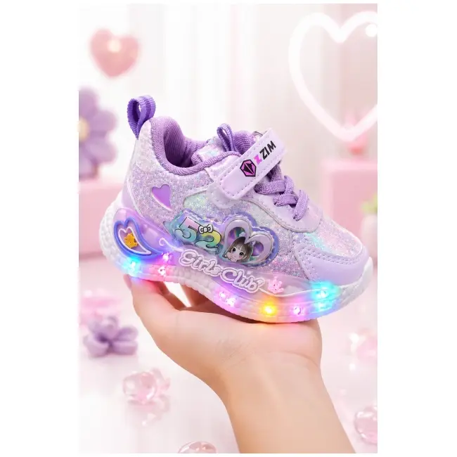 Pantofi sport cu lumini led, model shine, piele ecologica, fete, mov adt-19-1