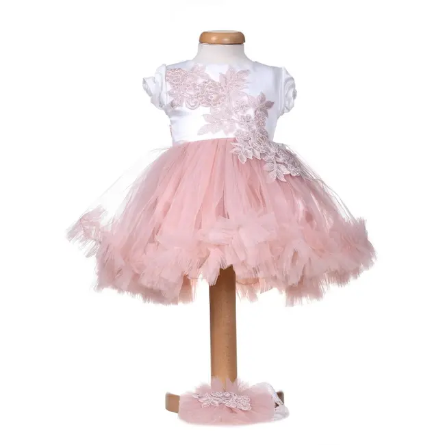 Rochita botez maneca scurta pentru fete, alb - roz pudra, cu dantela, tulle si bentita - tinuta eleganta pentru botez Denikos&reg; H049