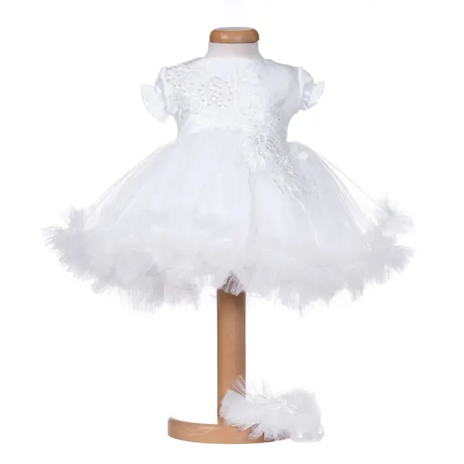 Rochita botez maneca scurta pentru fetita, alba, cu dantela, tulle si bentita - tinuta eleganta pentru botez Denikos&reg; H051