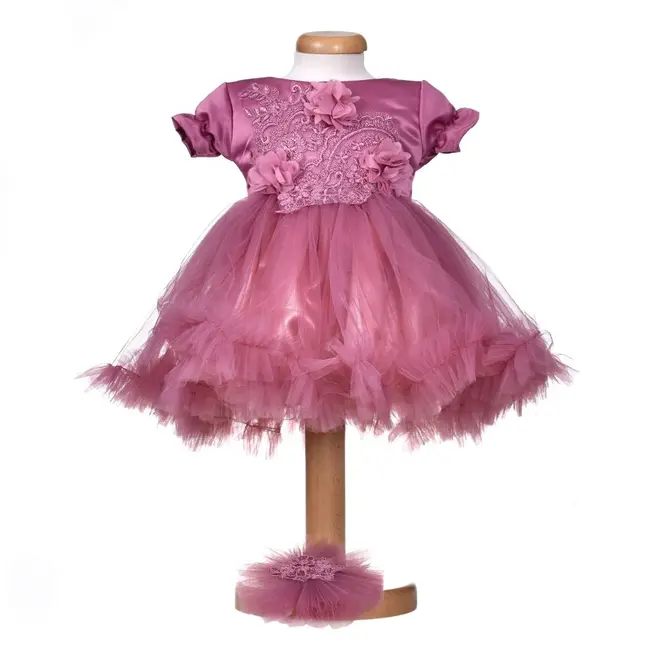Rochita botez maneca scurta pentru fetite, roz pudrat inchis, cu dantela, tulle si bentita - tinuta eleganta pentru botez Denikos&reg; H050