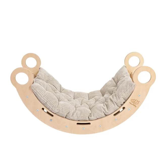 Balansoar Montessori Din Lemn Dream Rocker Meowbaby ,   Marime Mare, Cu Perna Bej, Multifunctional Leagan + Tunel + Scara   Placaj Lacuit, Max 50kg Pjbldrwb01