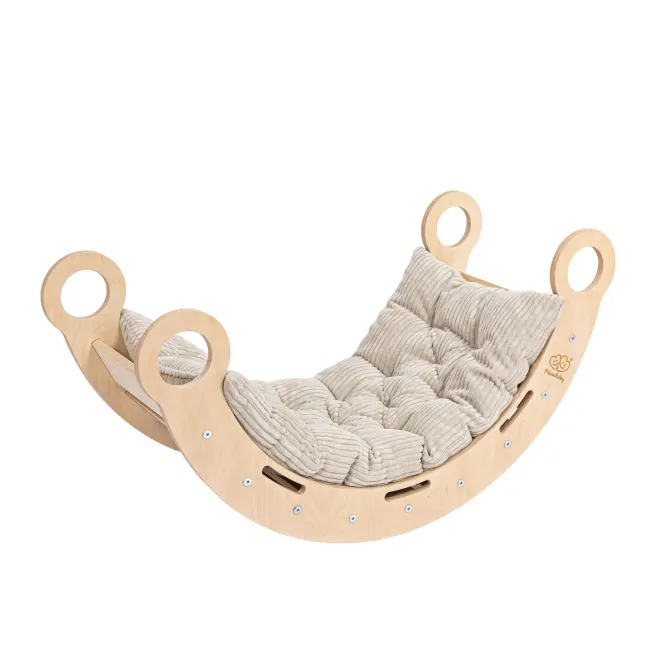 Balansoar Montessori Din Lemn Dream Rocker Meowbaby ,   Marime Mare, Cu Perna Bej, Multifunctional Leagan + Tunel + Scara   Placaj Lacuit, Max 50kg Pjbldrwb01